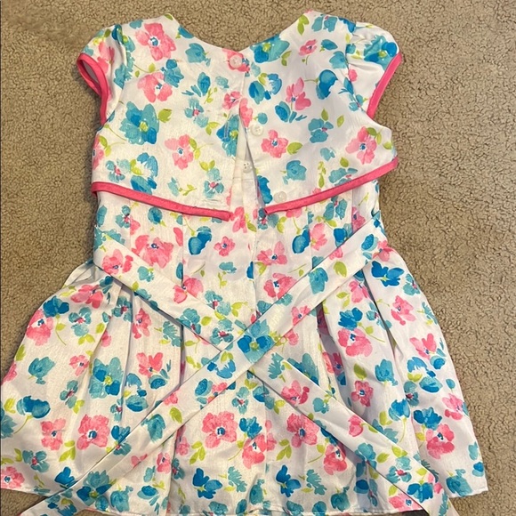 Spring Pink & Blue Pleated Tie Front Sundress with Flutter Sleeves and Bow - Picture 5 of 6